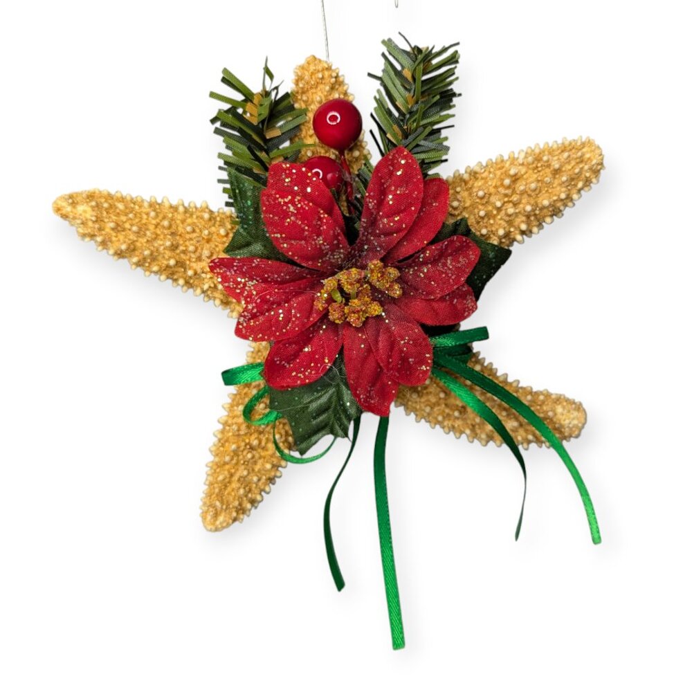 Festive Starfish Christmas Ornament with Red Poinsettia Flower